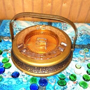 Carnival Glass Ashtray & Stand with Swivel Brass Handle, 1930 Vintage